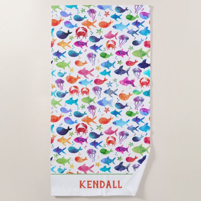 Regenbogen-Aquarell-Fische unter den Seekindern Strandtuch (Vorderseite)