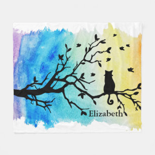 Regenbogen-Aquarell-Schwarz-Baumast mit Katze Fleecedecke