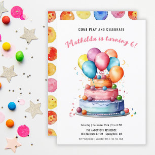 Regenbogen-Aquarell-Torte & Luftballons Mädchen-Ge Einladung