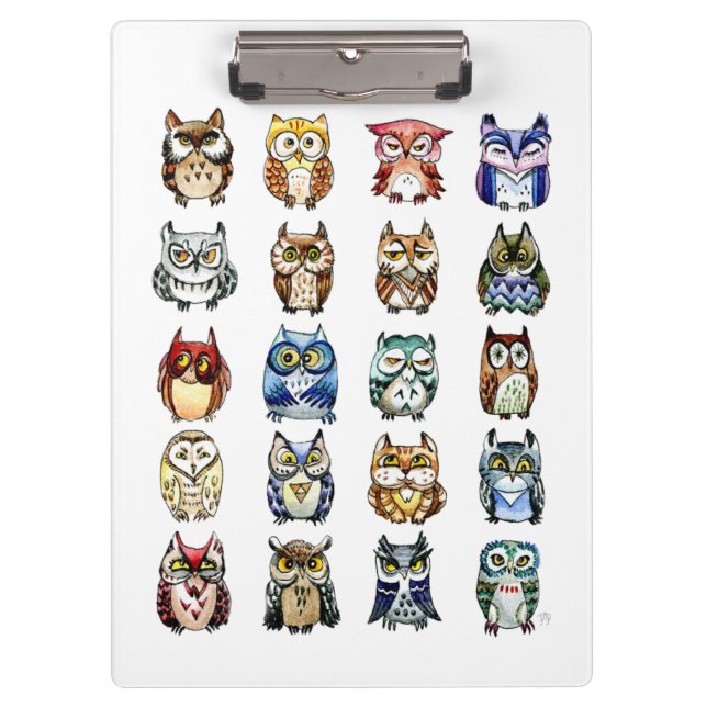 Regenbogen-Aquarelleulen und -katze Klemmbrett (Vorderseite)