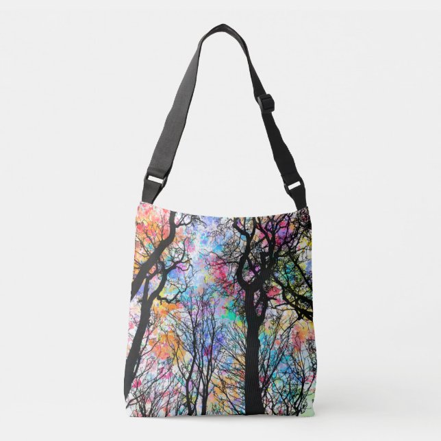 Regenbogen-Aquarellhimmel, schwarze Silhouette Tragetaschen Mit Langen Trägern (Vorderseite)