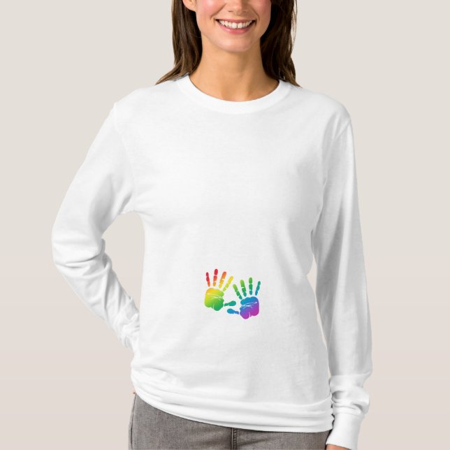 Regenbogen-Baby Handprints Mutterschafts-Shirt T-Shirt (Vorderseite)