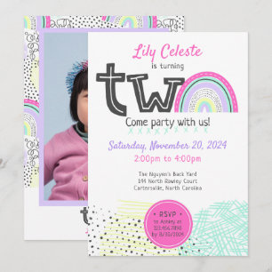 Regenbogen Baby Mädchen 2. Geburtstag Kawaii Kritz Einladung