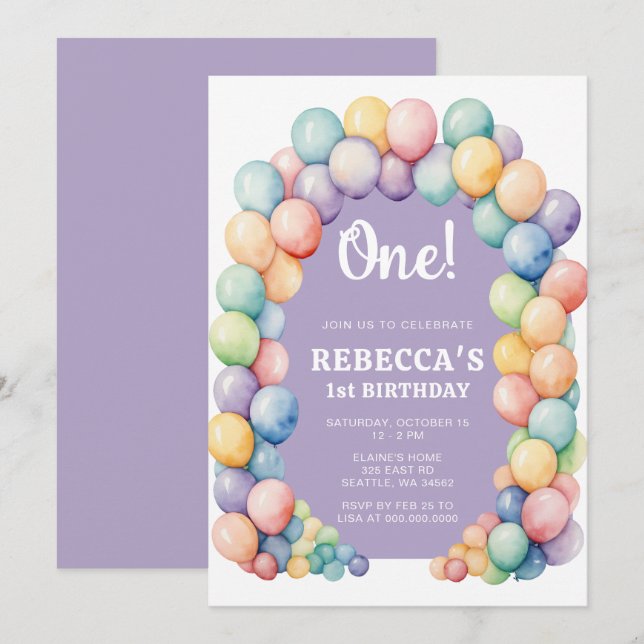 Regenbogen-Ballonbogen Geburtstag jedes Alters Einladung (Vorne/Hinten)