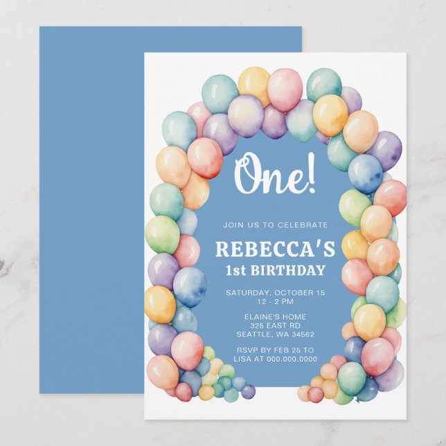 Regenbogen-Ballonbogen Geburtstag jedes Alters Einladung (Vorne/Hinten)