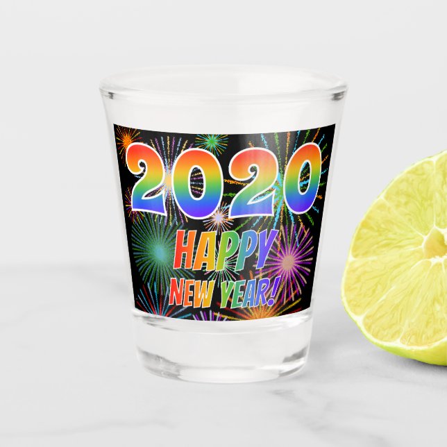 Regenbogen beschriftet "2020 GUTEN RUTSCH INS NEUE Schnapsglas (Vorderseite)