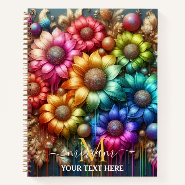 Regenbogen Blumen Monogramm Mädchenhaft Notizbuch (Vorderseite)