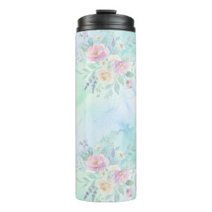 Regenbogen-Blumen-Pastell-Wasserfarbe Blau-Grün-Hi Thermosbecher