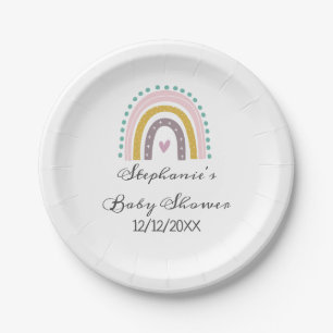 Regenbogen, Boho, rosa, Aquamarin, Herz, Babydusch Pappteller