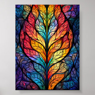 Regenbogen-Buntglasblätter mit lebendiger Botanik Poster