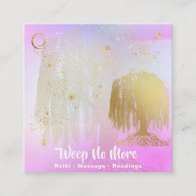 *~* Regenbogen Cosmic Willow Tree Moon Gold Quadratische Visitenkarte (Vorderseite)