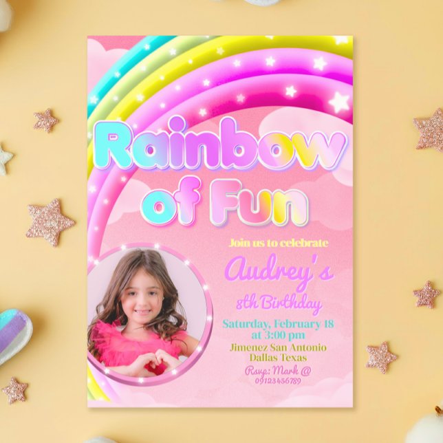 Regenbogen des Vergnügens mit Bild Einladung (Rainbow of Fun - Girl Birthday Invitation with Photo)
