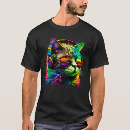 Regenbogen-Dj-Katze mit Kopfhörern und Sonnenbrill T-Shirt