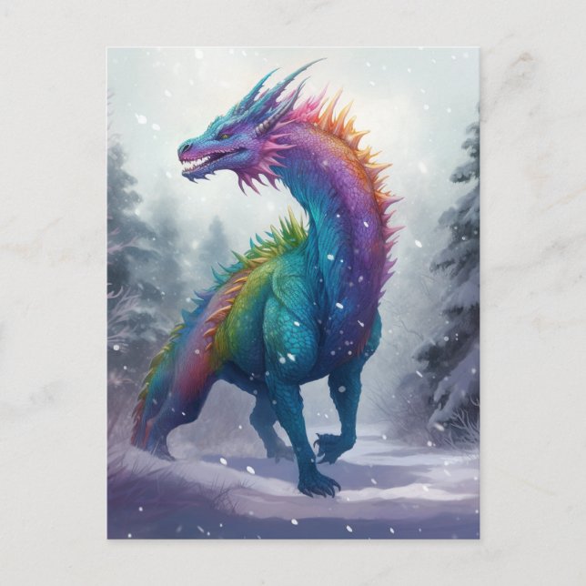 Regenbogen Drache im Schnee Fantasy Art Postkarte (Vorderseite)