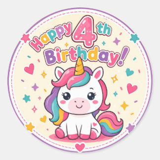 Regenbogen-Einhorn 4. Geburtstags-Zauber-Papierpla Runder Aufkleber