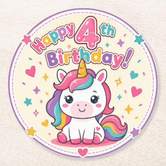 Regenbogen-Einhorn 4. Geburtstags-Zauber-Papierpla Runder Pappuntersetzer