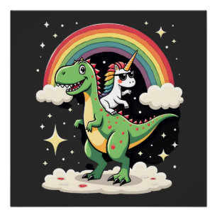 Regenbogen-Einhorn auf T-Rex - Dinosaurier Jungen Poster