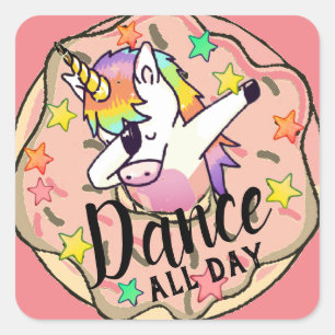 Regenbogen-Einhorn-Dab-Tanzpose Pfirsich-Rosa Donu Quadratischer Aufkleber