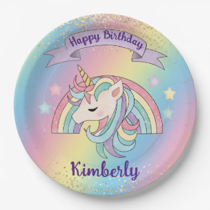 Regenbogen & Einhorn Gold Glitter Geburtstag Pappteller