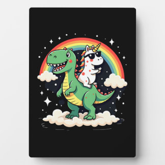 Regenbogen-Einhorn reitet auf T-Rex - Dinosaurier  Fotoplatte