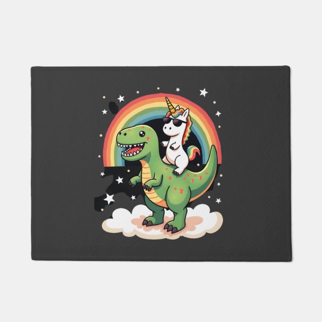 Regenbogen-Einhorn reitet auf T-Rex - Dinosaurier  Fußmatte (Vorderseite)