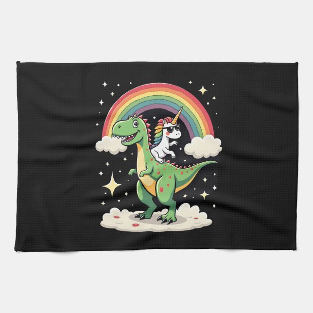Regenbogen-Einhorn reitet auf T-Rex - Dinosaurier  Geschirrtuch (Horizontal)