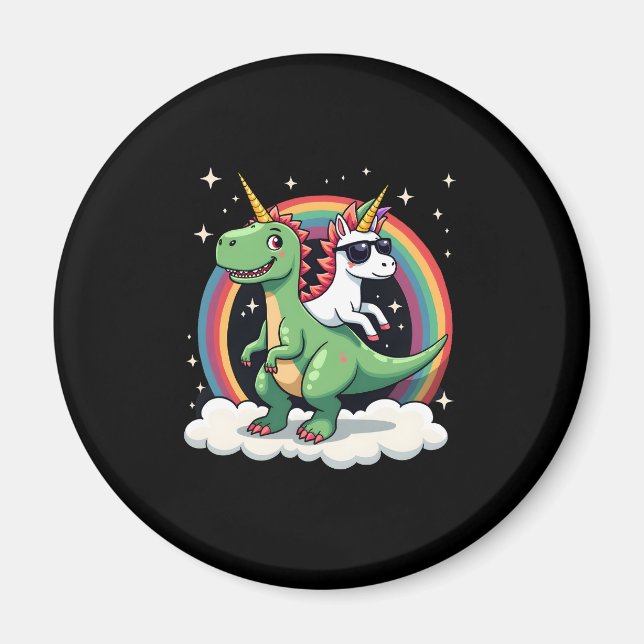Regenbogen-Einhorn reitet auf T-Rex - Dinosaurier  Magnet (Vorne)