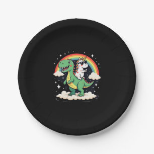 Regenbogen-Einhorn reitet auf T-Rex - Dinosaurier Pappteller