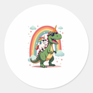 Regenbogen-Einhorn reitet auf T-Rex - Dinosaurier Runder Aufkleber