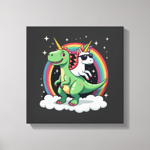 Regenbogen-Einhorn Reitet T-Rex - Dinosaurier Jung Leinwanddruck