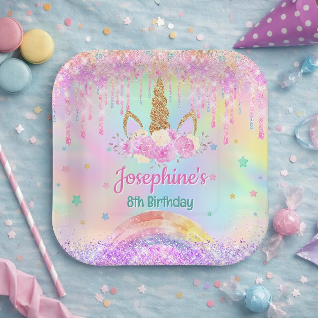 Regenbogen Einhorn rosa aqua Geburtstag quadrat Pappteller (Von Creator hochgeladen)