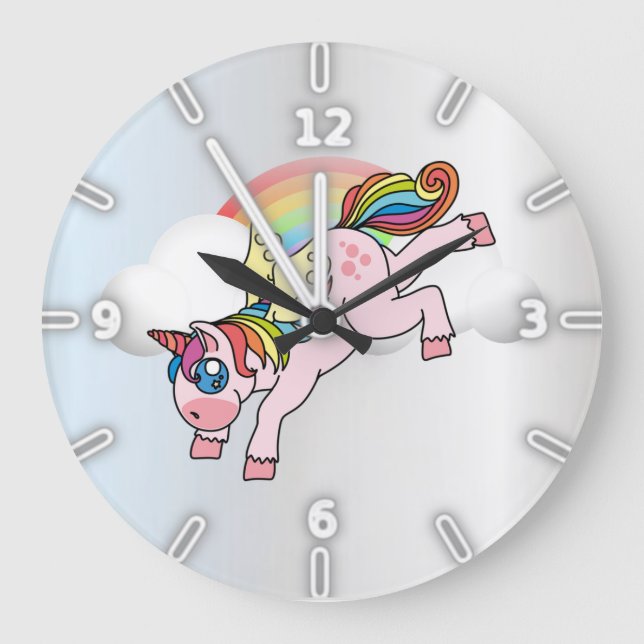 Regenbogen, Einhorn, Silber Große Wanduhr (Vorderseite)