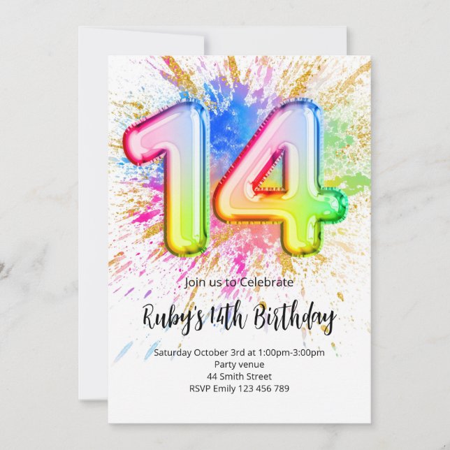 Regenbogen-Einladung zum 14. Geburtstag Einladung (Vorderseite)