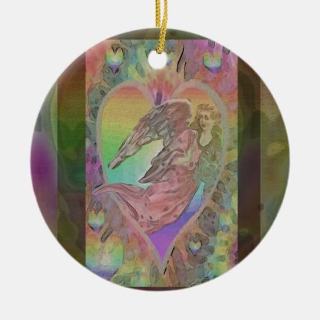 Regenbogen-Engel mit Herzen Keramik Ornament (Vorne)