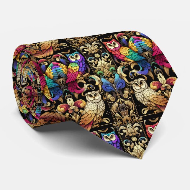 Regenbogen-Eule Art Deco Art Nouveau Krawatte (Gerollt)