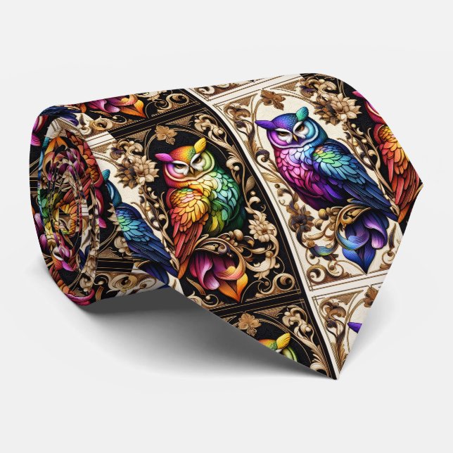 Regenbogen-Eule Art Deco Art Nouveau Krawatte (Gerollt)