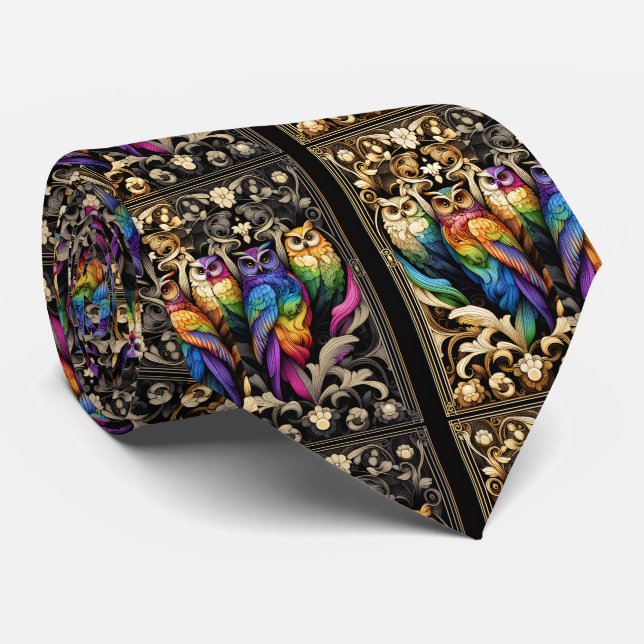 Regenbogen-Eule Art Deco Art Nouveau Krawatte (Gerollt)