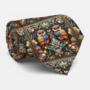 Regenbogen-Eule Art Deco Krawatte – Schwarz, Weiß