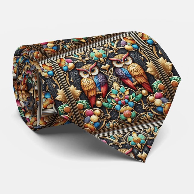 Regenbogen-Eule Art Deco Krawatte – Schwarz, Weiß  (Gerollt)