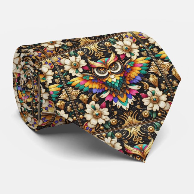 Regenbogen-Eule Art Deco Krawatte – Schwarz, Weiß  (Gerollt)