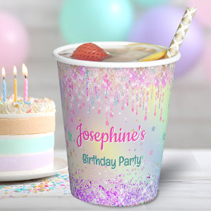 Regenbogen farbenfroh rosa aqua tropft Geburtstag Pappbecher