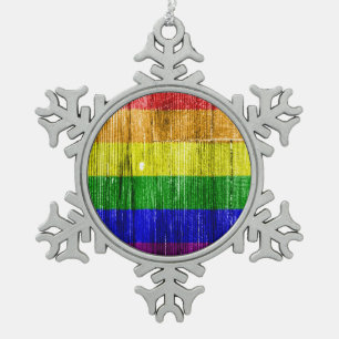 REGENBOGEN-FLAGGEN-QUADRAT-HÖLZERNES MUSTER - .PN SCHNEEFLOCKEN Zinn-Ornament