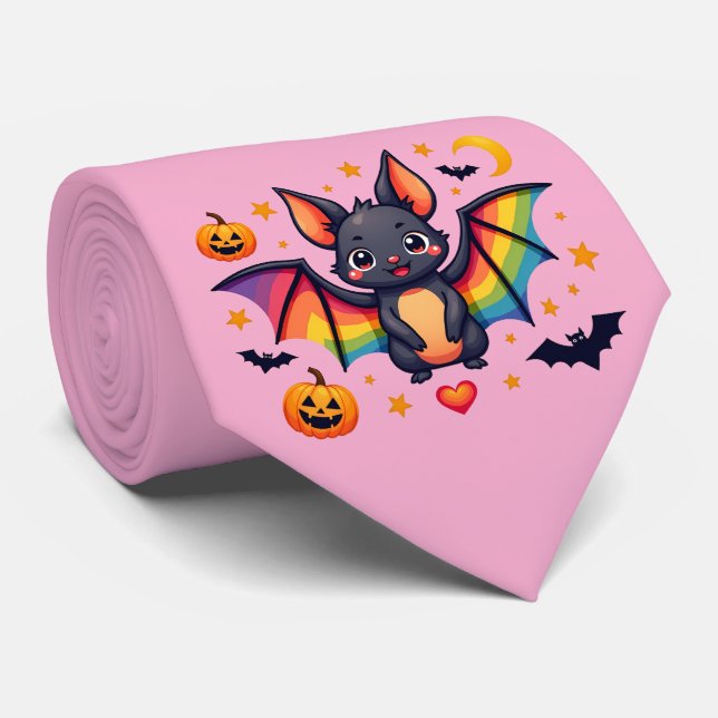 🦇🌈 Regenbogen-Fledermaus-Kürbis-Party-Schlips Krawatte (Gerollt)