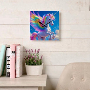 Regenbogen-Flügel-tanzendes Einhorn Quadratische Wanduhr