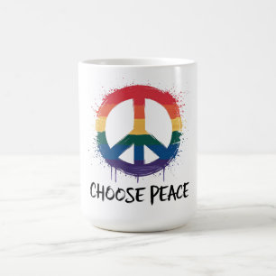 Regenbogen-Friedenszeichen mit "Wähle Frieden" Tex Kaffeetasse