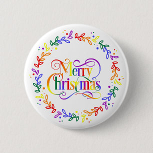 Regenbogen-Frohe-Weihnachten-Kranz-Knopf Button