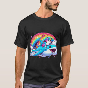 Regenbogen Galaxy Katze Riding Hai im Weltraum Wit T-Shirt