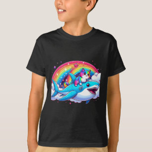 Regenbogen Galaxy Katze Riding Hai im Weltraum Wit T-Shirt