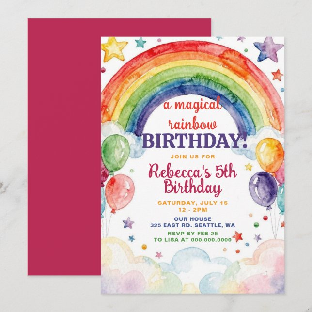 Regenbogen-Geburtstagsmädchen Regenbogen-Party Einladung (Vorne/Hinten)
