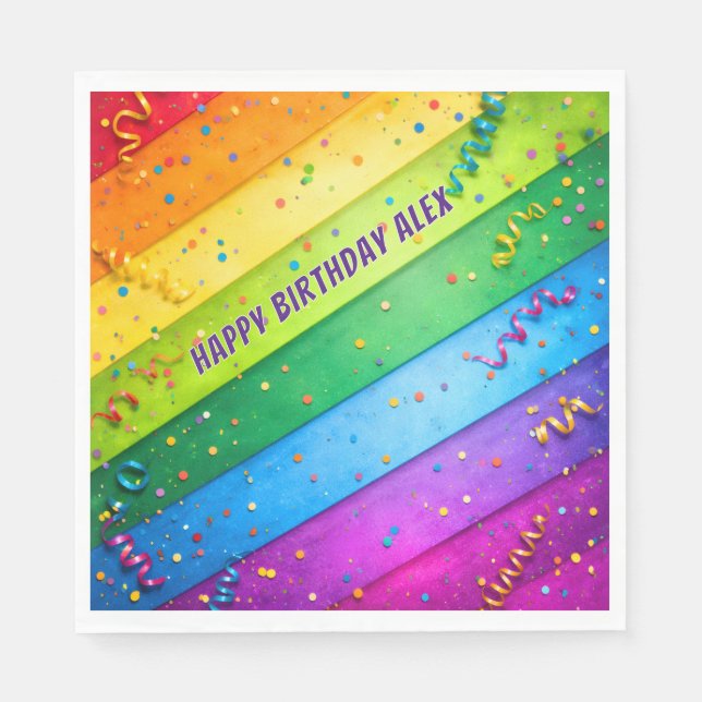 Regenbogen-Geburtstagsstreifen-Konfetti-Party Serviette (Vorderseite)